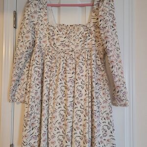 Floral Square-Neck Long Sleeve Midi Dress - Cream with Pastel Floral Print